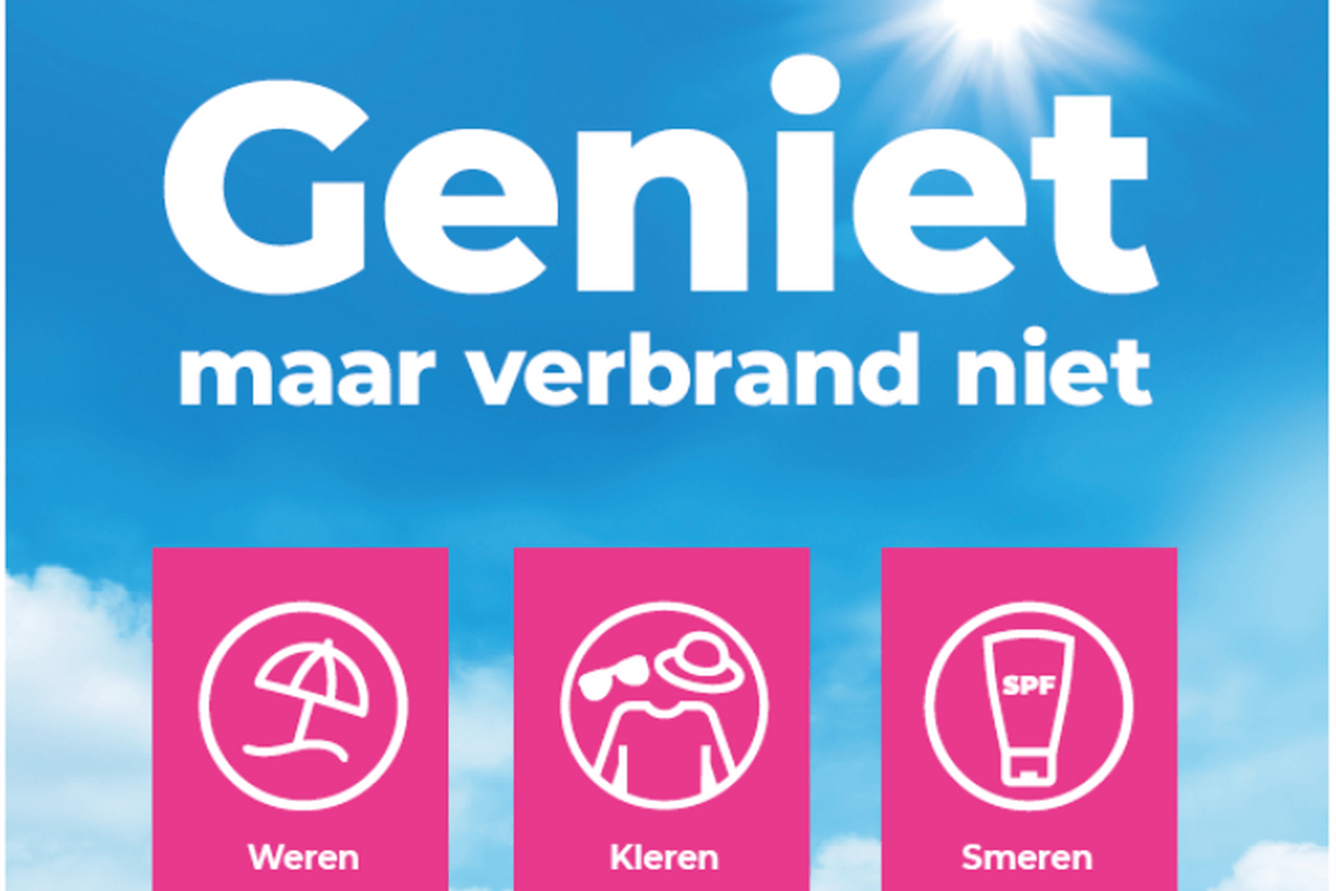 Afbeelding van poster Geniet maar verbrand niet. Met daaronder drie iconen voor Weren, Kleren, Smeren.